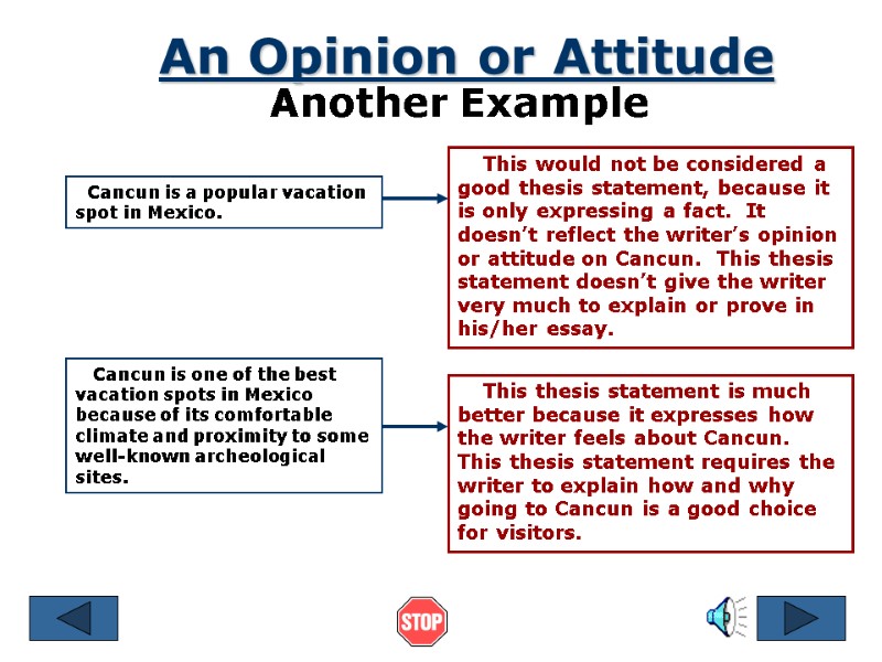 An Opinion or Attitude Another Example   Cancun is a popular vacation spot